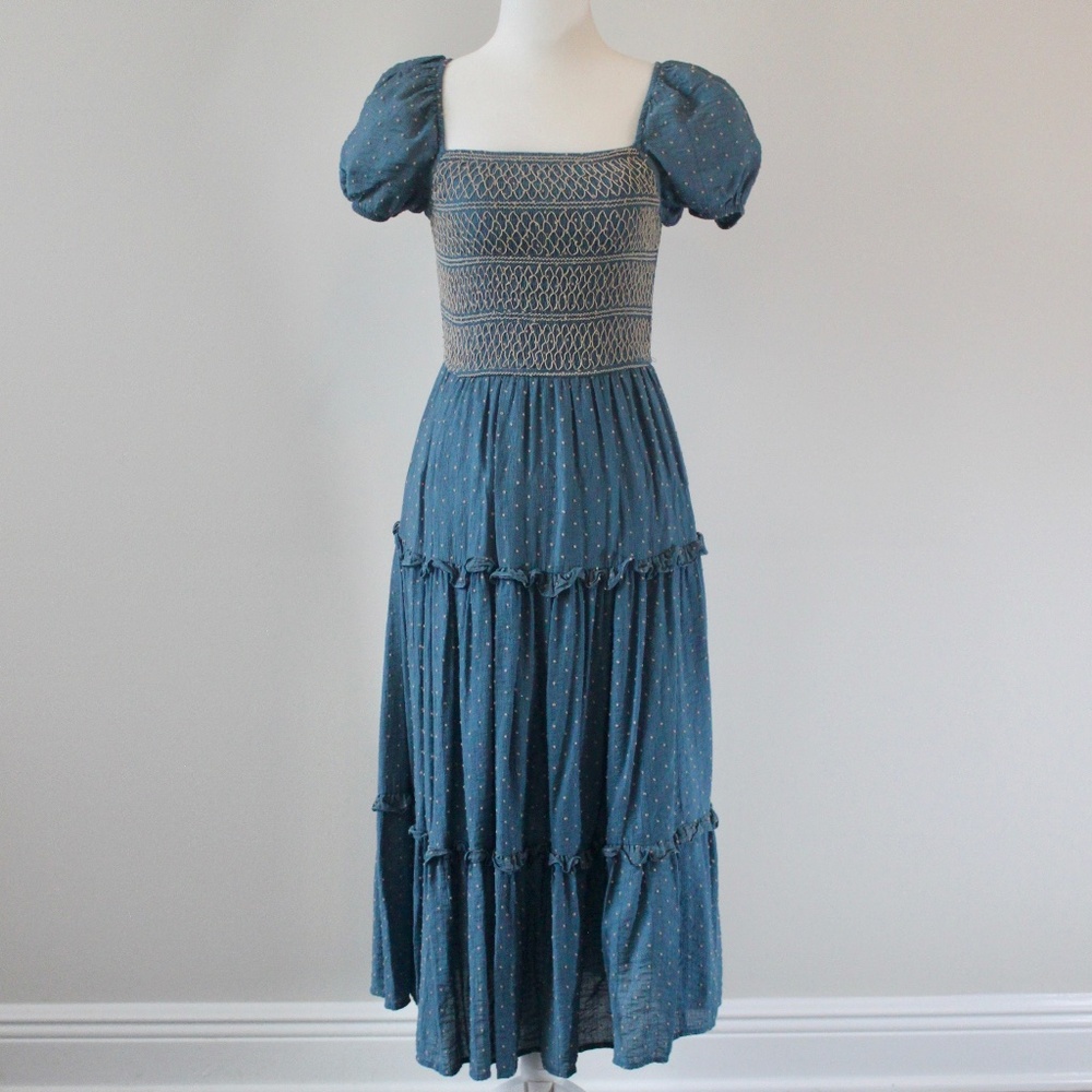 Teal Tan Smocked Moon River Midi Dress Small